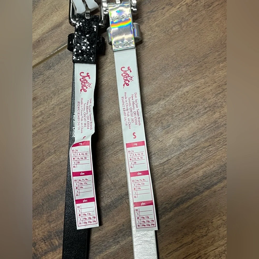 Lot of 2 Justice girl’s black & silver sparkle belt NWT, size Small